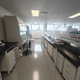 A bright, modern laboratory with black countertops, white cabinets, stools, lab equipment, and large windows letting in natural light. The room appears clean and organized.