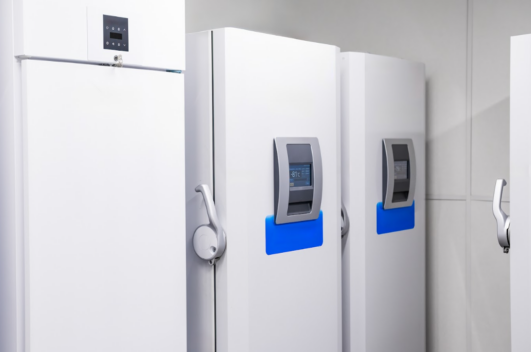 Row of upright ULT freezers with digital displays, used in frozen lab moving and lab cold storage.